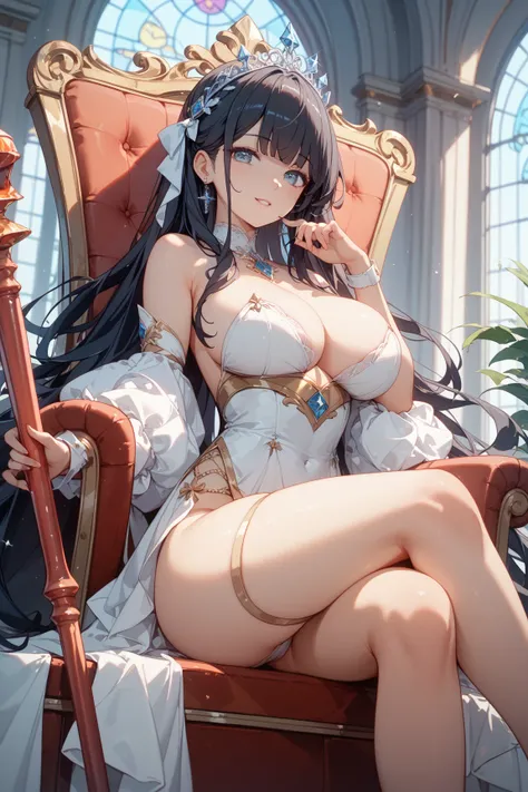 8k、 Masterpiece、 high image quality、 High Precision、、very long black hair、princess、Throne、 Luxuriously Embroidered Pure White Dress、、 gorgeous tiara、Wang Scepter 、Big Breasts、silky hair 、 look,  Hi-Res,  fine skin 