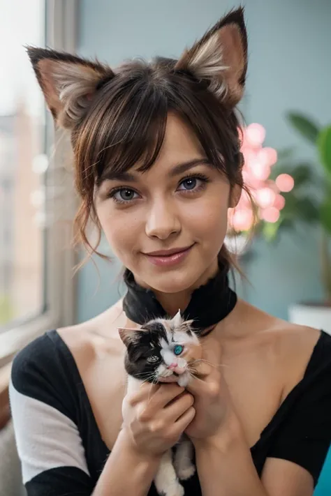 A tiny, fluffy cat with bright pink fur and black stripes perches on a human palm, gazing at the camera with a playful smile, highlighting its innocent blue eyes. Realistic, 4K quality, with a blurred background.

