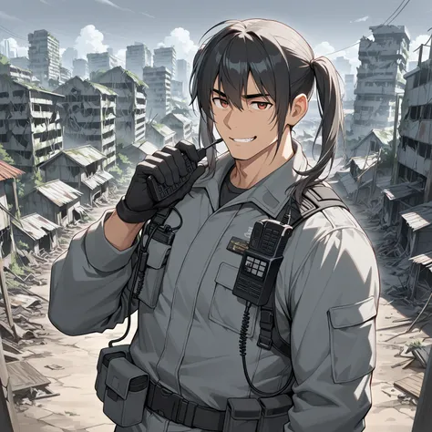 bara, (masterpiece, best quality), (upper body), {1 boy}, (pigtails, light-gray jumpsuit), male Japanese thin worker is holding walkie-talkie, in village, post-apocalypse, grinning,