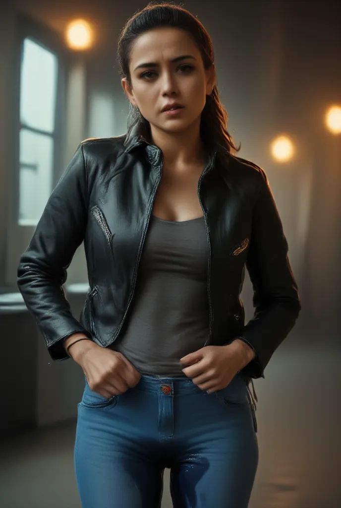 (photorealism:1.2), beautiful woman, standing mid shit wearing dress shirt leather jacket jeand habds on waist hair tied full kength leathet boots studio closeyo wearing googles watch bookeh, ((peeing herself)), ((peeing her jeans)), ((a large dark wet sta...