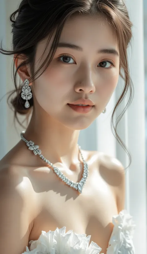 8k, HD, Portrait of a very beautiful Asian girl , facial portrait ,Clear skin texture, Double eyelids, big eyes, short hair,((( Diamond Earrings , diamond necklace :1.5))),(( front view)),Facial highlights, Portrait of an extremely beautiful girl s...