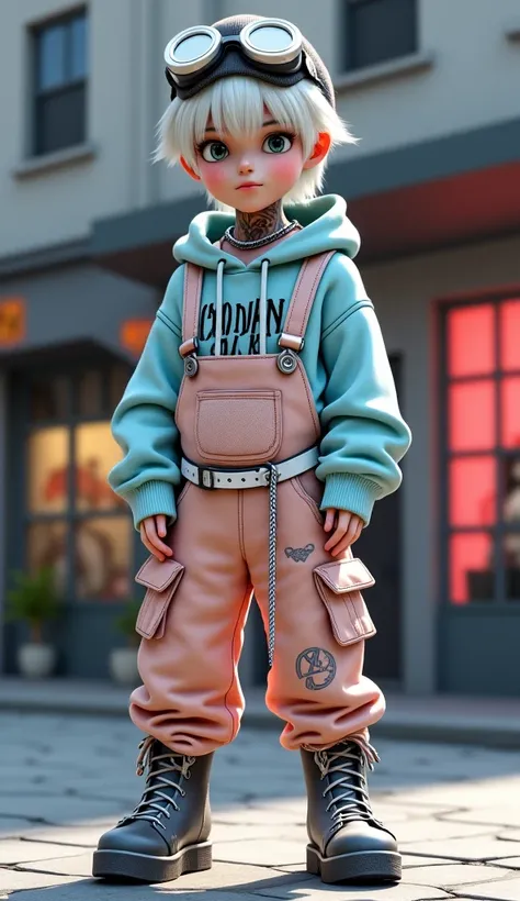 3D anime style, gothic style,  boy, white hair, gray eyes, black fleece hat, white goggles on the hat, white rivet collar, collarbone-baring long-sleeved sweater, light blue sweater with Indian text, white belt with perforated design, peach-pink overalls w...