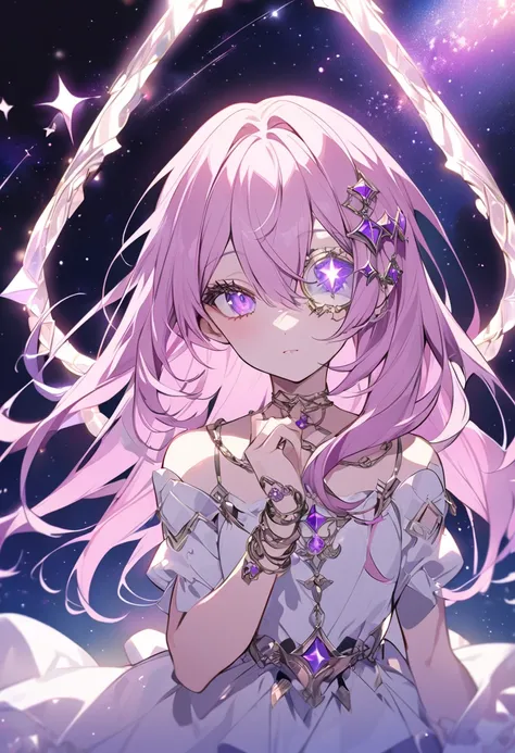 Anime style light pink hair girl with violet color eyes  under the starry sky, metal rings around the one-eyed eye. Looks like a holy looking angel.