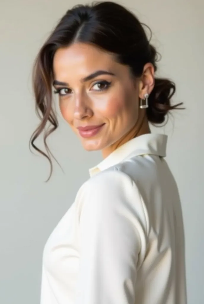  A woman. between 25-30 years old . Photo peitoral para cima (instagram profile). elegant pose.  Formal and elegant more feminine outfit. white.  dark hair. neutral background. Photo [square].  from the front. With more Brazilian facial features mixed with...