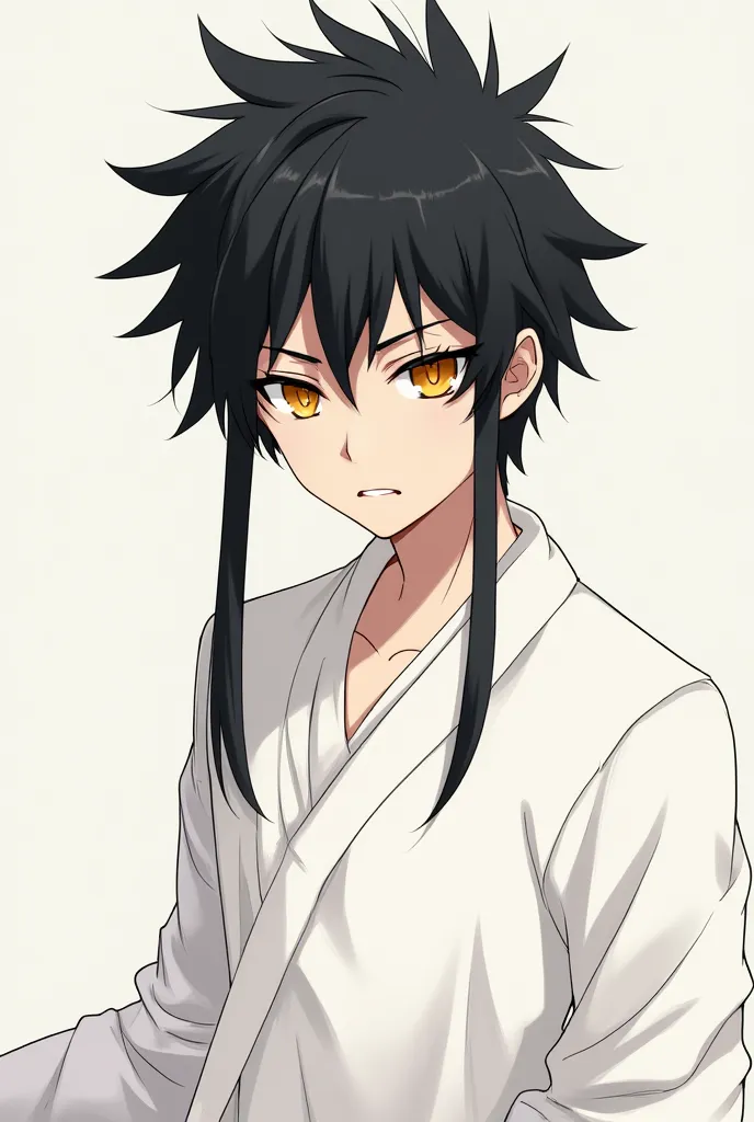 An anime-style boy with long, spiky black hair,  orange eyes, fair skin and white clothes ,  expression would be .