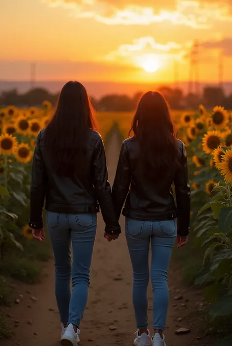 hello,  I would like to generate an image of two women ,  one of those women with white skin ,  long straight black hair wearing a black leather jacket , jean,  and wearing white shoes with black .
 The other woman with long wavy hair ,  of white skin, ves...