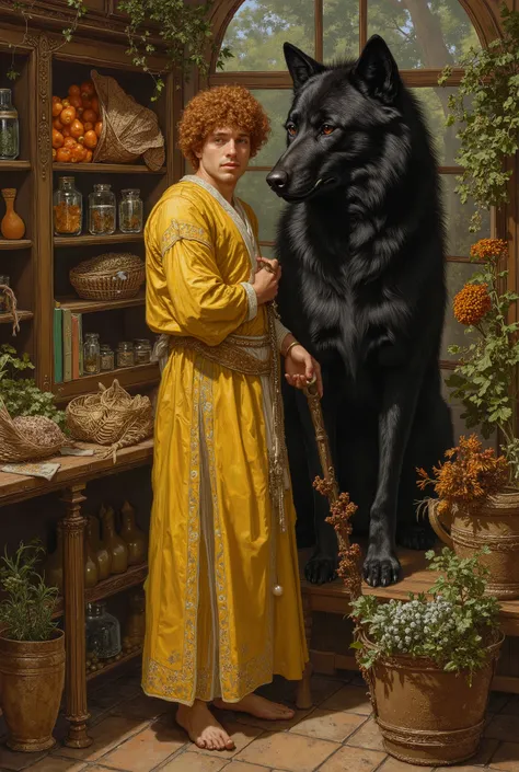 ((fullbody))in jc leyendecker and paul cadmus art style, "the healer", fullbody, close up big black wolf, perfect anatomy, the merchant, shelves with HERBS, FRUITS, LITTLE BOXES, VEGETABLES, GRAINS, DUMBBELLS , reach intricate background LARGE WINDOWS TO S...