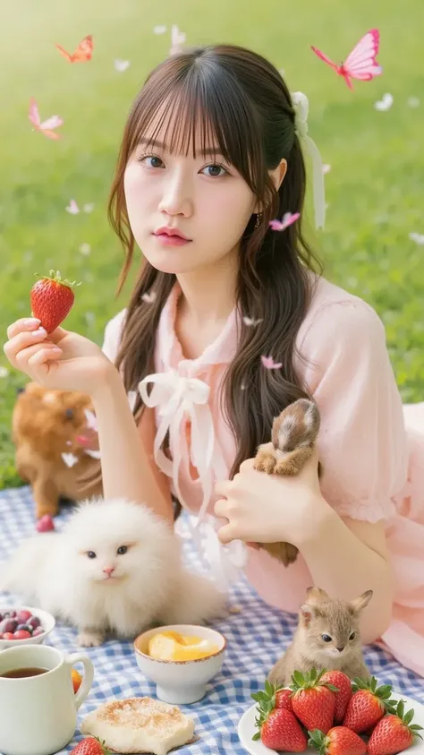 "A cheerful young woman with long, wavy brown hair, wearing a light pastel dress, sitting on a checkered picnic blanket in a sunlit meadow. She is surrounded by adorable wild animals—a fluffy white rabbit nibbling on a strawberry, a curious red squirrel ho...