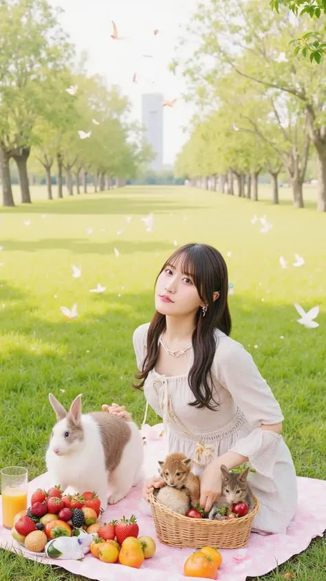 "A cheerful young woman with long, wavy brown hair, wearing a light pastel dress, sitting on a checkered picnic blanket in a sunlit meadow. She is surrounded by adorable wild animals—a fluffy white rabbit nibbling on a strawberry, a curious red squirrel ho...