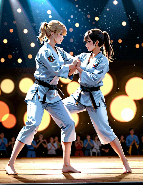   two sexy girls are fighting on stage, They are both wearing judo uniforms  , 4K quality,  very well detailed, Bokeh,  amazing lighting ,  very sexy,  are slightly sweaty,   full body shot 