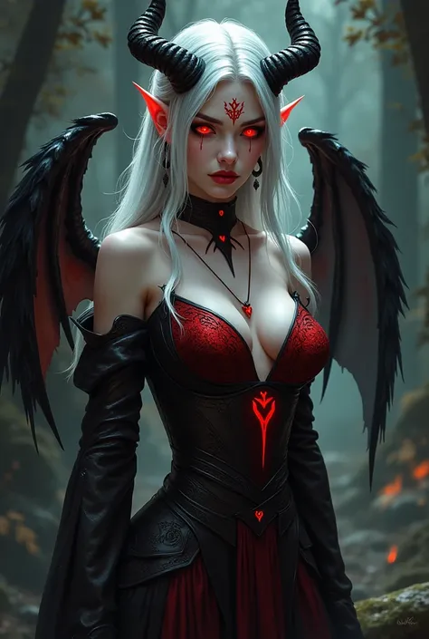 Create a sexy woman like Albedo character from Overlord, in a dark and shadowy forest background. She must be a half-demon (succubus), having white/pale skin with red demonic/runic symbols like the viking alphabet tattooed all over her body and a big silve...