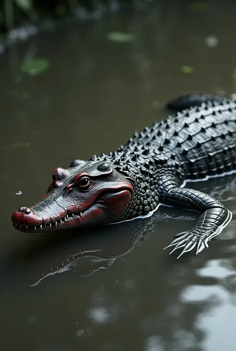 A black and red snakeskin colored crocodile, sideways, with texture on the skin ,  wet look ,  full body, Full plan photo ,  coming out of a lake of stagnant water,  Realistic