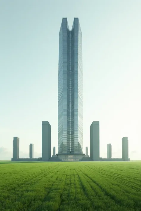 Modern corporate tower with a smooth green grass floor surrounded by several German flak towers