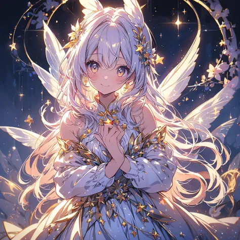 fairy, highly detailed face, highest quality, masterpiece, official art, full HD, CG, high resolution, golden ratio, dramatic lighting, best lighting, crescent moon, stars, meteor shower, starry sky, star fairy, milky white hair, absurd, fantasy, diamond d...