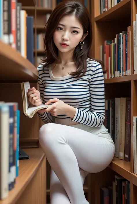 woman in   white pants and striped shirt leaning on a book shelf, At the library, librarian,  Korean girl , Bend,  Korean woman ,   attractive pose that will make your neck droop, student,  has books, Lean forward slightly, Crouched posture,  wearing white...