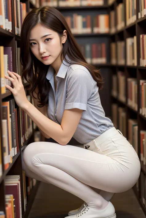 woman in   white pants and striped shirt leaning on a book shelf, At the library, librarian,  Korean girl , Bend,  Korean woman ,   attractive pose that will make your neck droop, student,  has books, Lean forward slightly, Crouched posture,  wearing white...