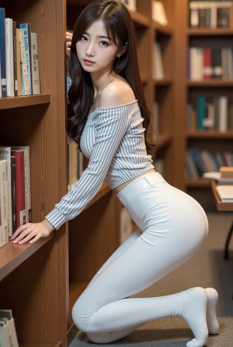 woman in   white pants and striped shirt leaning on a book shelf, At the library, librarian,  Korean girl , Bend,  Korean woman ,   attractive pose that will make your neck droop, student,  has books, Lean forward slightly, Crouched posture,  wearing white...