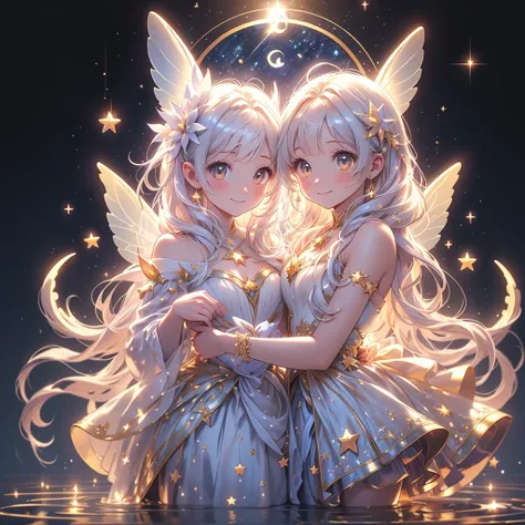 fairy, highly detailed face, highest quality, masterpiece, official art, full HD, CG, high resolution, golden ratio, dramatic lighting, best lighting, crescent moon, stars, meteor shower, starry sky, star fairy, milky white hair, absurd, fantasy, diamond d...