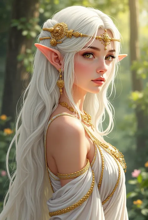  Create an image of a white woman, beautiful,  white hair, with golden accessories,  golden eyes, Make her look like a Greek goddess ,  Elf ears,  in Greek clothing, In a wooded landscape ,  anime style drawing  