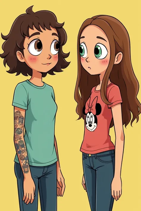 Rick and Morty Portales series illustration of a girl with short brown hair, brown-eyed, With a girl with long brown hair, of chubby build, Green-eyed with a tattoo on her left arm and Minnie's t-shirt