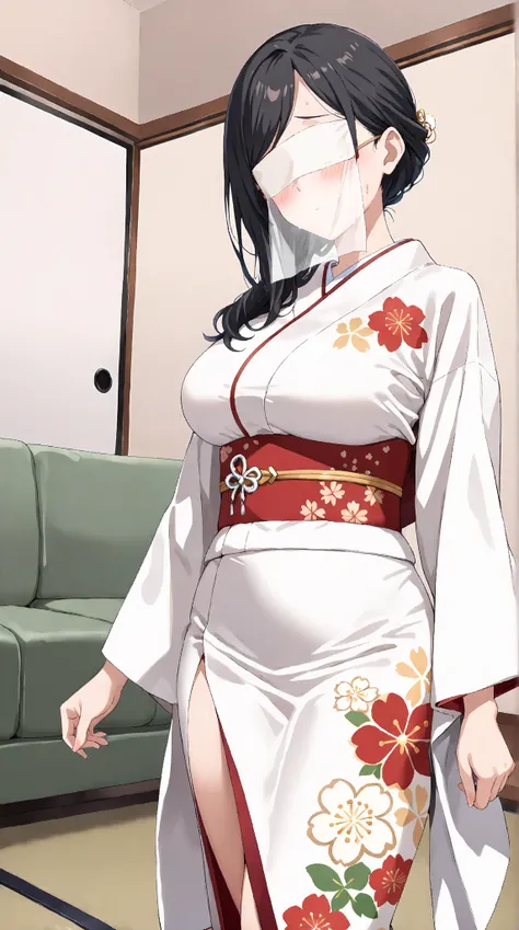 score_9,score_8_up,score_7_up, Anime-style character, source_anime, beautiful color amazing quality, 1girl, solo, lonely, 30-year-old, Pretty Face, cute, beautiful, A pale anime mature woman, (white kimono, print kimono, floral print, red obi, furisode, wi...