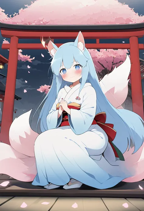 torii　Shrine maiden　Nine-Tailed Fox　fox Light blue hair 　beast girl　indigo fur　fox beast girl　fox Light blue hair 　beast girl　indigo fur　fox beast girl　Wallpaper 4k,8k,highly detailled,,vivid colors,detailed kitsune with 9 tails,traditional Japanese artwor...