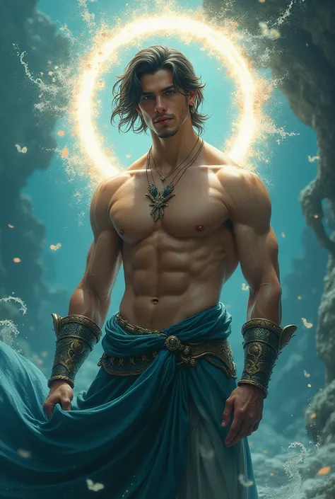  men's photorealistic 25 years old,  muscular, Prince of the Sea, Clothes between Warrior and Prince Charming, corona,  without a beard,  semi-long hair earrings