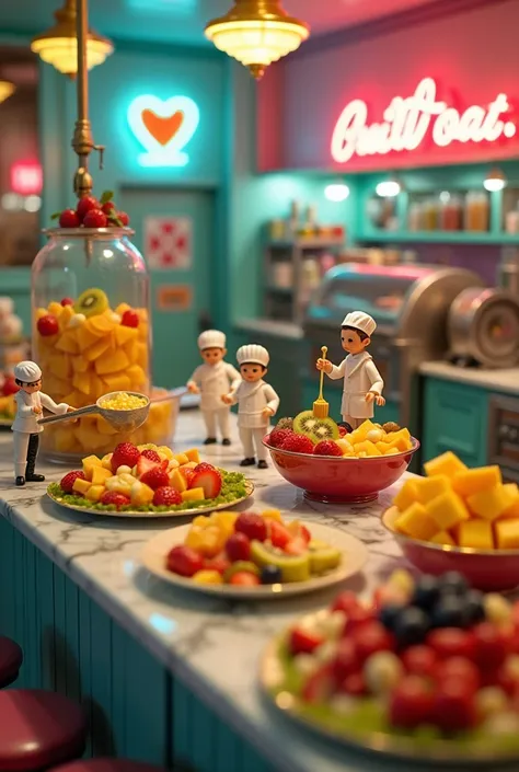 Wide-angle establishing shot: The scene takes place inside a retro ice cream parlor, illuminated by colorful neon lights. The environment is lively and whimsical, with pastel-colored walls, a vintage jukebox in the background, and an open kitchen filled wi...