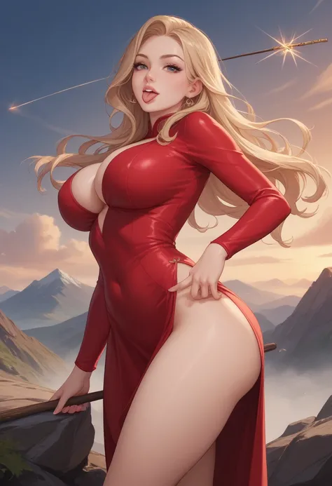 Big Breasts、 boobs、 beauty、Big Ass、、 top quality、front、Pink Lips、 stick out your tongue 、 long hair、 Gold、 suit、 bright red dress standing on a rocky mountain、 thighs、