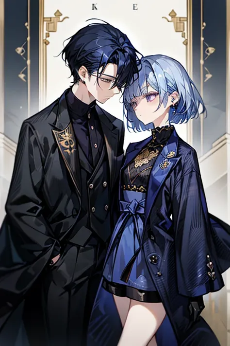  man with sapphire blue wolf-cut hair looking coldly in a black suit、 golden eyes、 purple Japanese pattern earrings、I'm wearing black gloves、I'm wearing a Japanese pattern coat、 Details, formal,  Neat , Black Suit