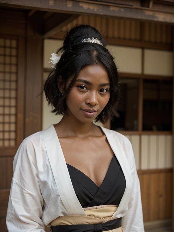 African black geisha, very dark ebony skin, Happy, kurotomesode kimono, close-up portrait, in japan