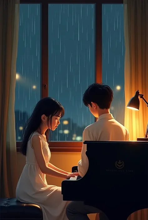 # **Suggested painting steps**
#### **1. The secret of the piano room on a rainy night**
- **Composition**：  
  - The picture is divided into two parts，On the left is Lin Xia curled up in the corner，On the right is the back of Gu Yan playing the piano。
  -...