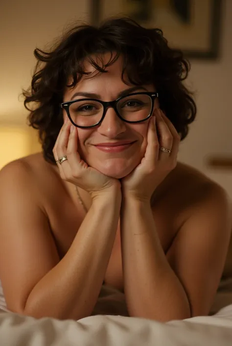 Amateur photo, sharp detail, realistic detail, bokeh. Closeup, cinematic lighting. Dramatic low angle at subject leaning forward to look at the viewer. A beautiful chubby caucasian woman, smile lines, wrinkles, 47 years old, short dark curly hair, glasses ...