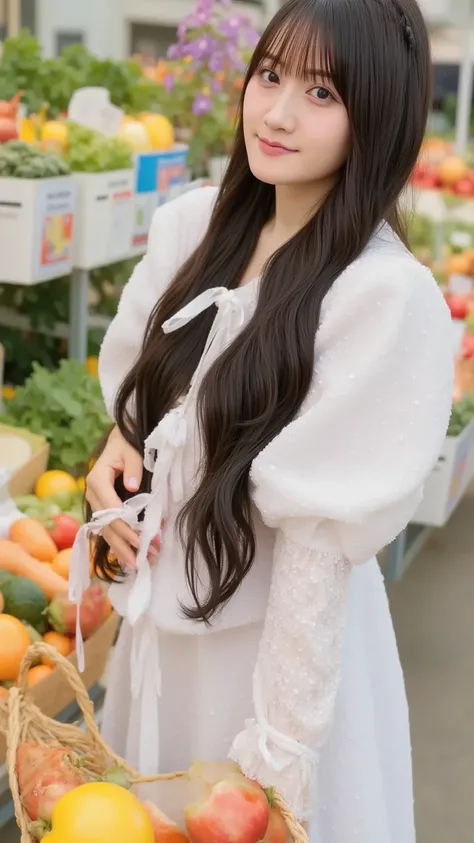 「 basket while smiling in front of a stall lined with colorful fruits and vegetables {x} choosing fresh local ingredients。Woman shopping at a weekend farmers' market 、 holding a 。」






















