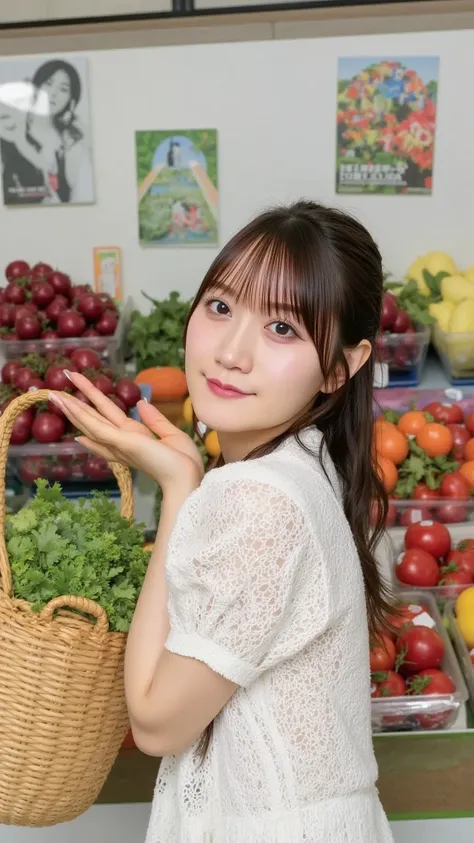 「 basket while smiling in front of a stall lined with colorful fruits and vegetables {x} choosing fresh local ingredients。Woman shopping at a weekend farmers' market 、 holding a 。」






















