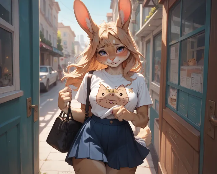 rabbit, furry,  shy, skirt, cat print shirt