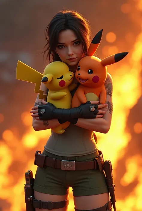 Lara Croft woman embracing Pikachu and Charmander with fire in the background 