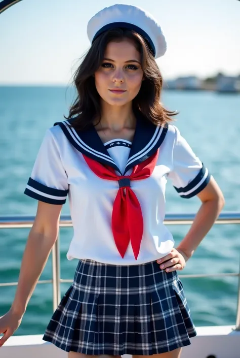 arafed woman in sailor suit posing on a boat, sexy,    body similar to Susana Zabaleta   ,  Semi-black hair   , Sailor uniform cut,blue with white, sailor clothes, At sea,    female sailor uniforms   , sexy,    posing sexy  , on a boat,    sailor uniform w...