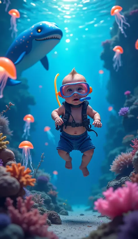 Baby (6 months) floating underwater in ocean with glowing jellyfish, rainbow corals, and a smiling whale with starry patterns on its skin. The baby is wearing with diving equipment and holding a seashell. Style: digital painting with neon lights, biolumine...