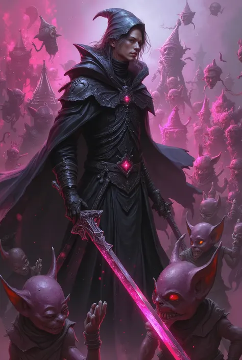 A handsome male warrior brutally exterminates weak and subservient goblins. wearing Eerie black wizard robe. Old rose pinks color turttleneck. Pointy hat color Eerie black.using large saber, glemering old rose pinks saber