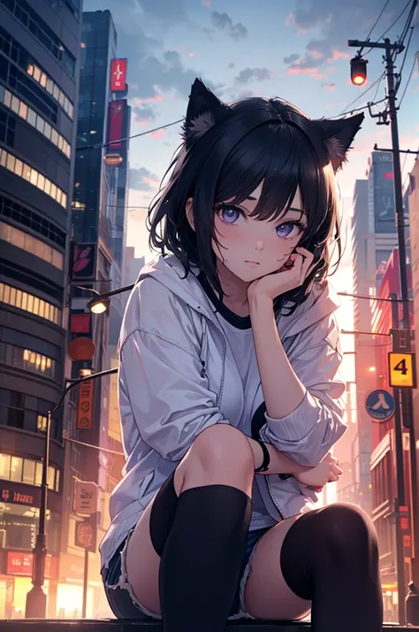 a highly detailed portrait of a beautiful black-haired wolf girl with expressive eyes and a perfect face, light purple eyes, wearing a white shirt, white light jacket, jean shorts and white adidas shoes, knee high black socks, sitting on the hood of a car ...