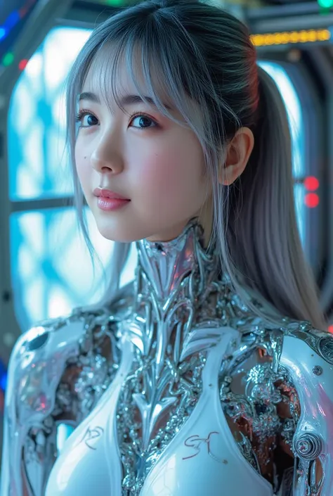 Beautiful cyborg girl, best quality, 4k resolution, photorealistic, a beautiful woman with flawless skin, beautiful Japanese woman, a charming smile, pale blue eyes, intricate mechanical neon cyborg body, very intricate futuristic cyborg body, head gear, i...