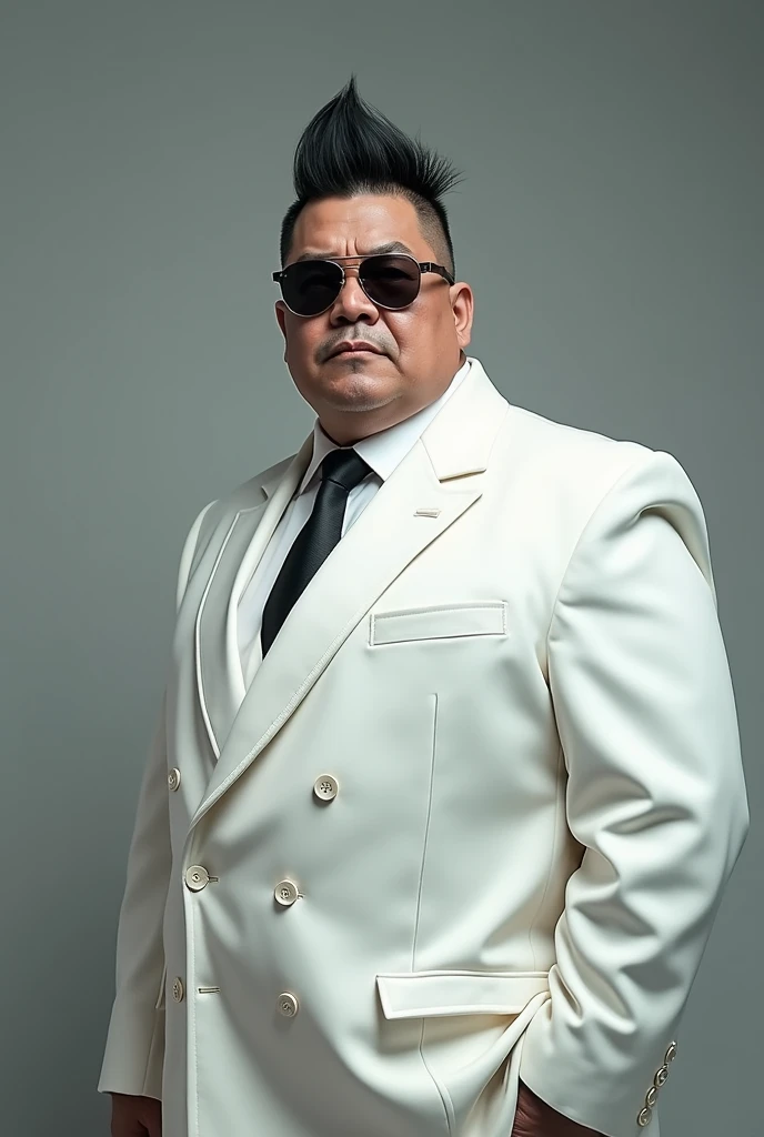  Highest Quality、 by Nomi、whole body、Japanese Men１people、Alone,Picture of a Japanese man with a charming villain's white costume and 、巧みな悪役のヘアスタイルのJapanese Menの写真、Mohawk、Middle-aged obesity、 sunglasses、yakuza