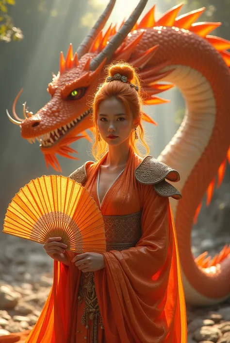  Beautiful Japanese woman, orange hair and orange diamond armor and beautiful orange dragon.. Front and holding dragon fan. Powerful top 
