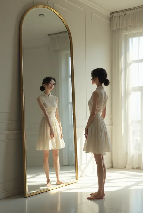 Lin Xia stands in front of a floor-to-ceiling mirror ， fingers unconsciously rubbing her skirt。