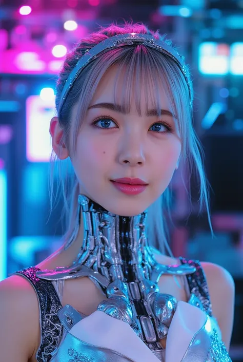 Beautiful cyborg girl, best quality, 4k resolution, photorealistic, a beautiful woman with flawless skin, beautiful Japanese woman, a charming smile, pale blue eyes, intricate mechanical neon cyborg body, very intricate futuristic cyborg body, head gear, i...