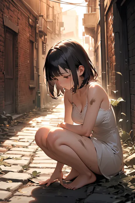 1 girl, (cute face), young girl, (medium-length hair), (sad expression), (medium breasts), slim, (wearing a simple dress), (above knee length), (barefoot), (dirty skin), 
BREAK 
dimly lit alley, old bricks, scattered leaves, (sitting on the ground:1.2), hu...