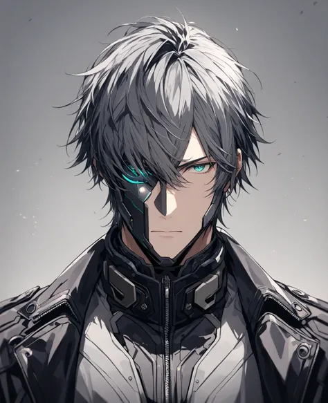 ( masterpiece: 1.2,  top quality),  1 boy,  turquoise eye ,   facing the front ,   jet black hair,  jacket, ( grey background: 1.7), 1 Boy,backwards, jet black hair