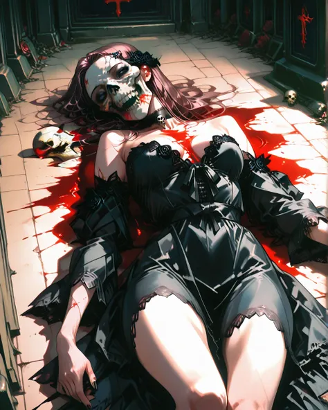 American plane, goth naked girl, naked girl, Skull on her face , black flowers in her hands, blood, sexy lying on the floor , roses. bottom: cemetery , crows,