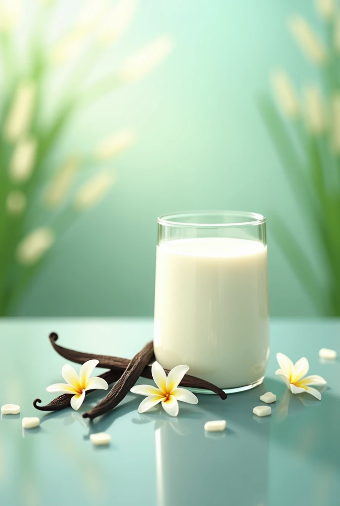 Create a design that includes these foods rice milk and vanilla , The design must have a green color , blue , white